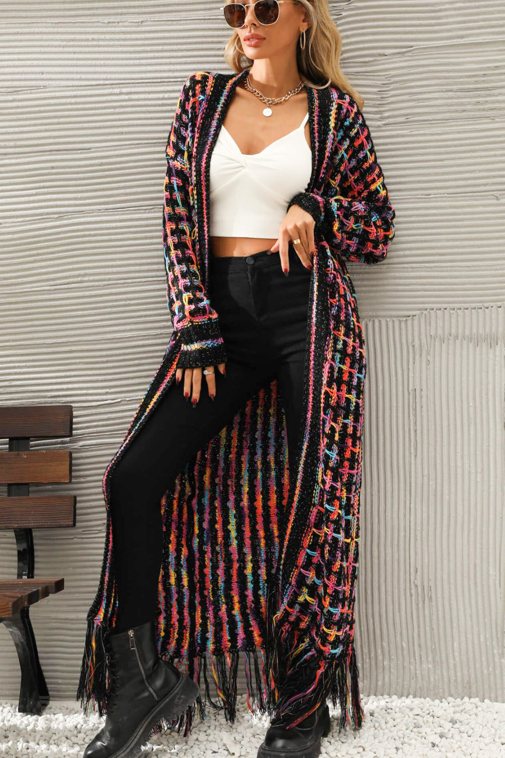 Retro Knit Bold Colorful Open Front Fringe Hem Longline Duster Sweater Cardigan