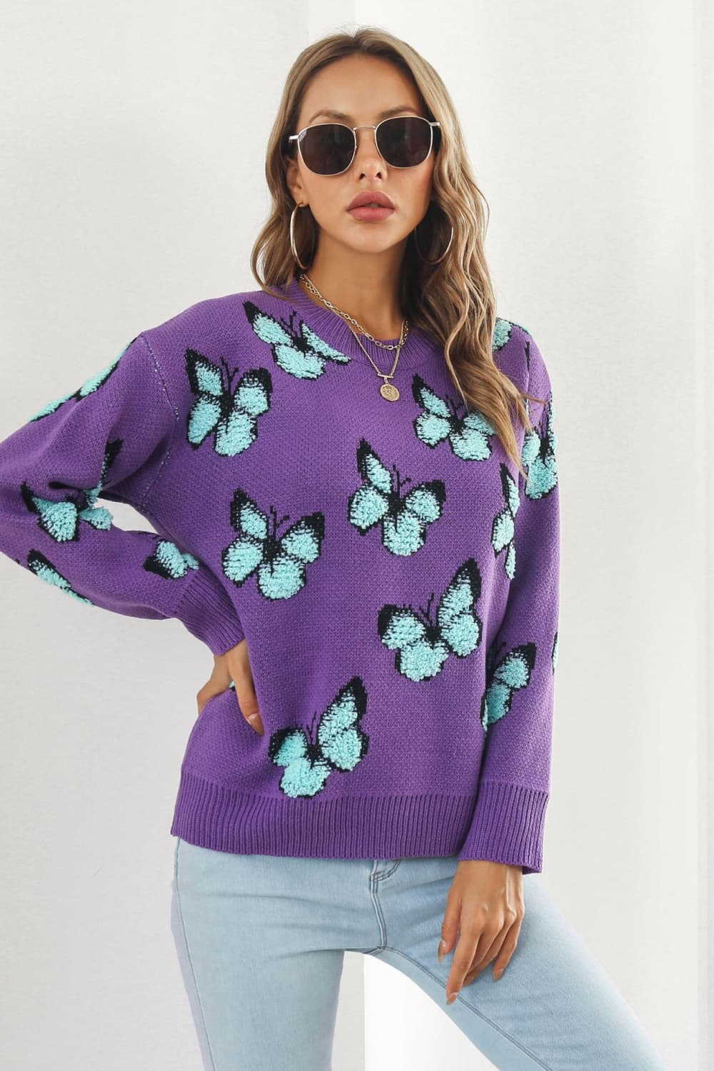 Fuzzy Monarch Butterfly Raised Shag Bold Colors Knit Pullover Sweater Shirt