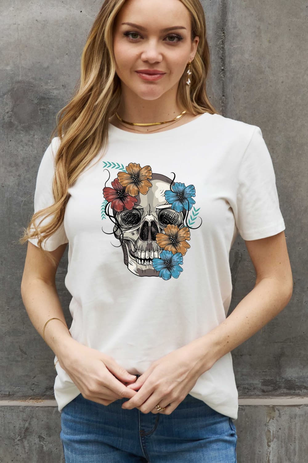 Bright Floral Skull Graphic Short Sleeve Tee Shirt 100% Premium Cotton