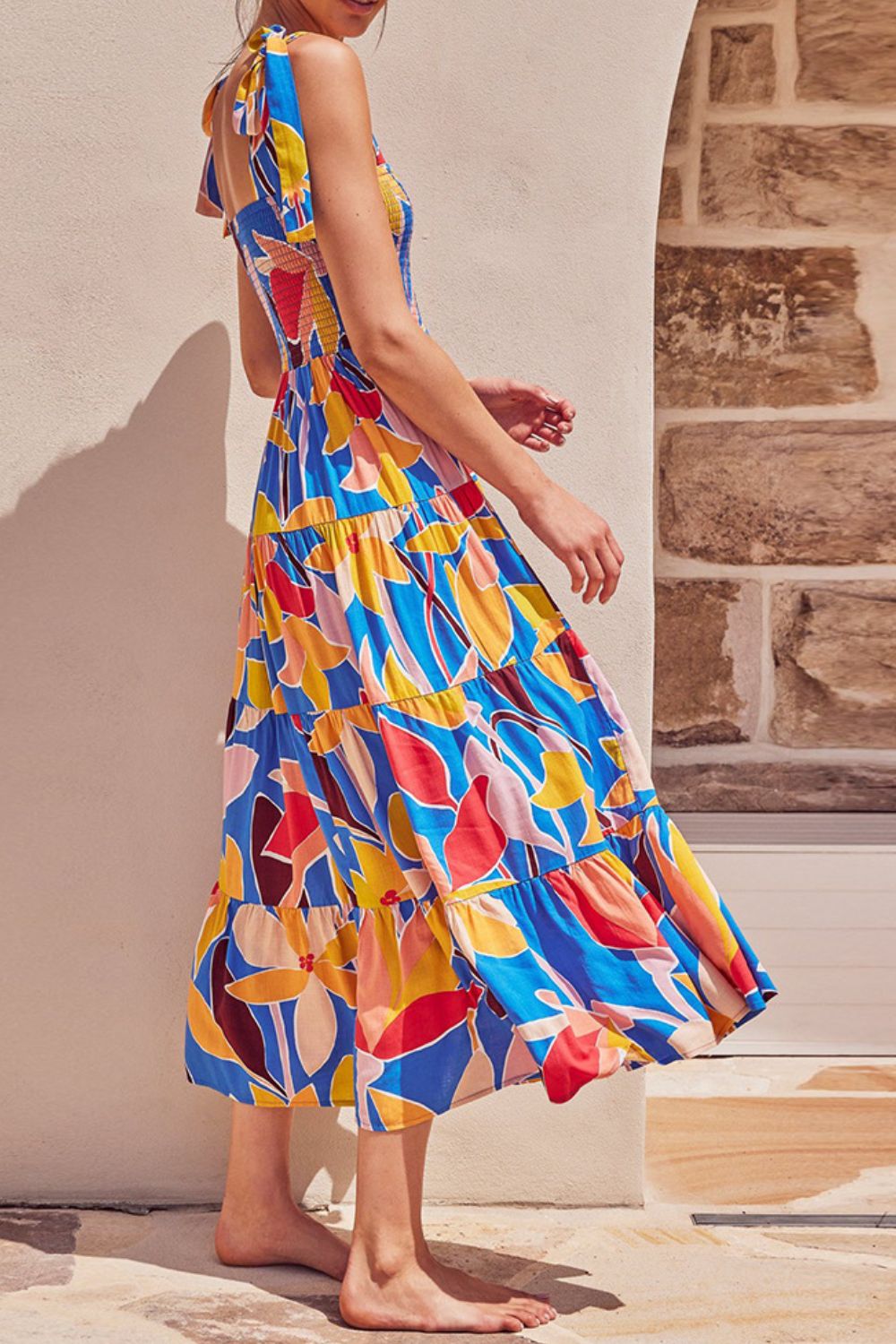 Vibrant Floral Abstract Tie Shoulder Smocked Bodice Tiered Maxi Summer Dress