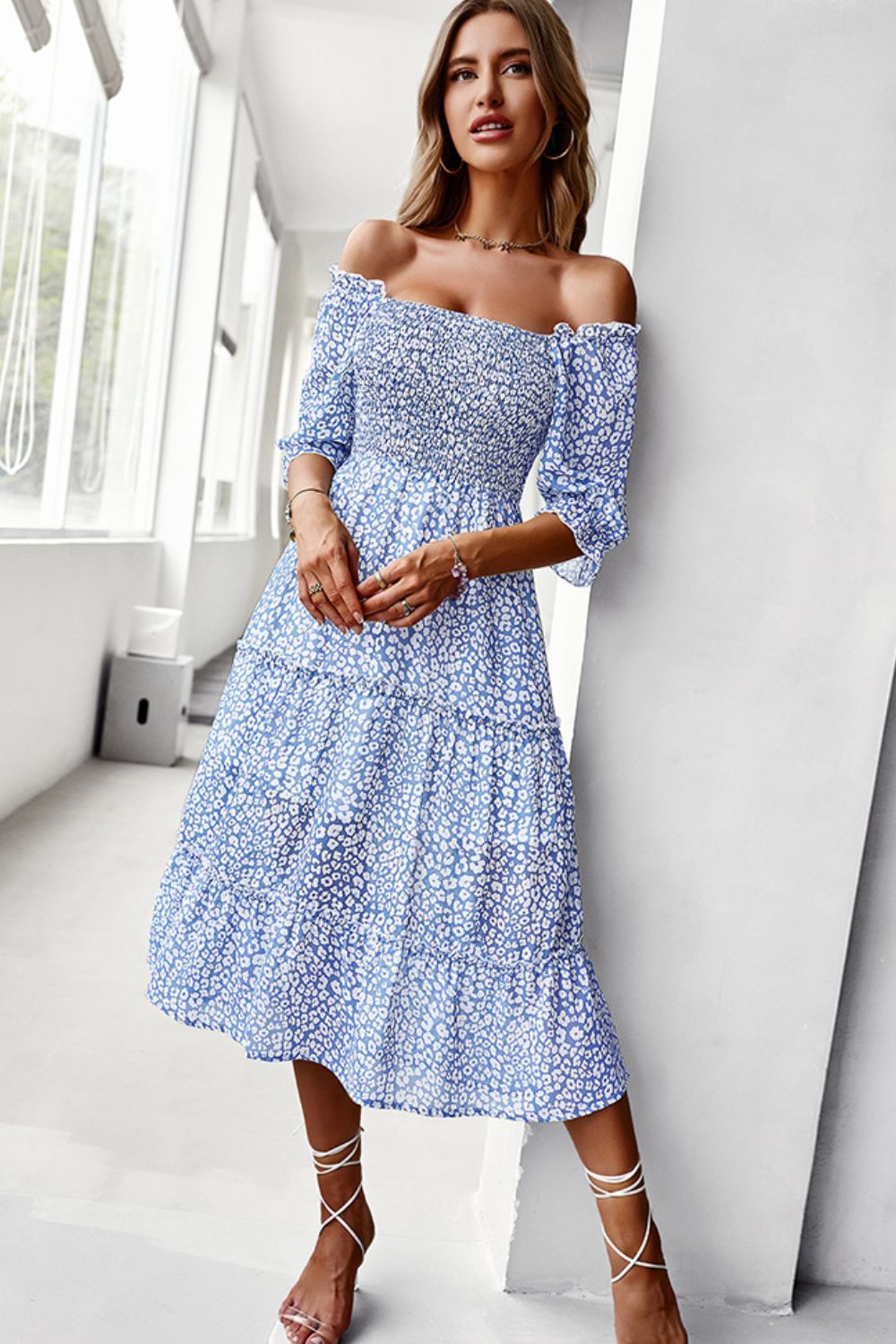 Pastel Ditsy Floral Midi Off-Shoulder Smocked Dress