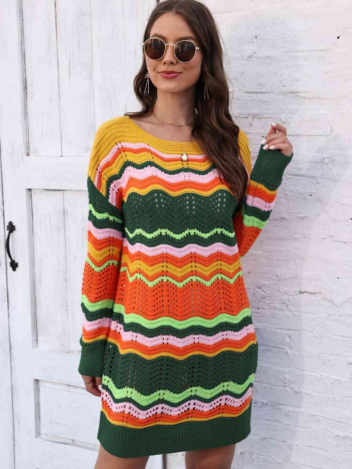 Retro 70s Revival Openwork Knit Long Sleeve Mini Sweater Dress Zigzag Stripe