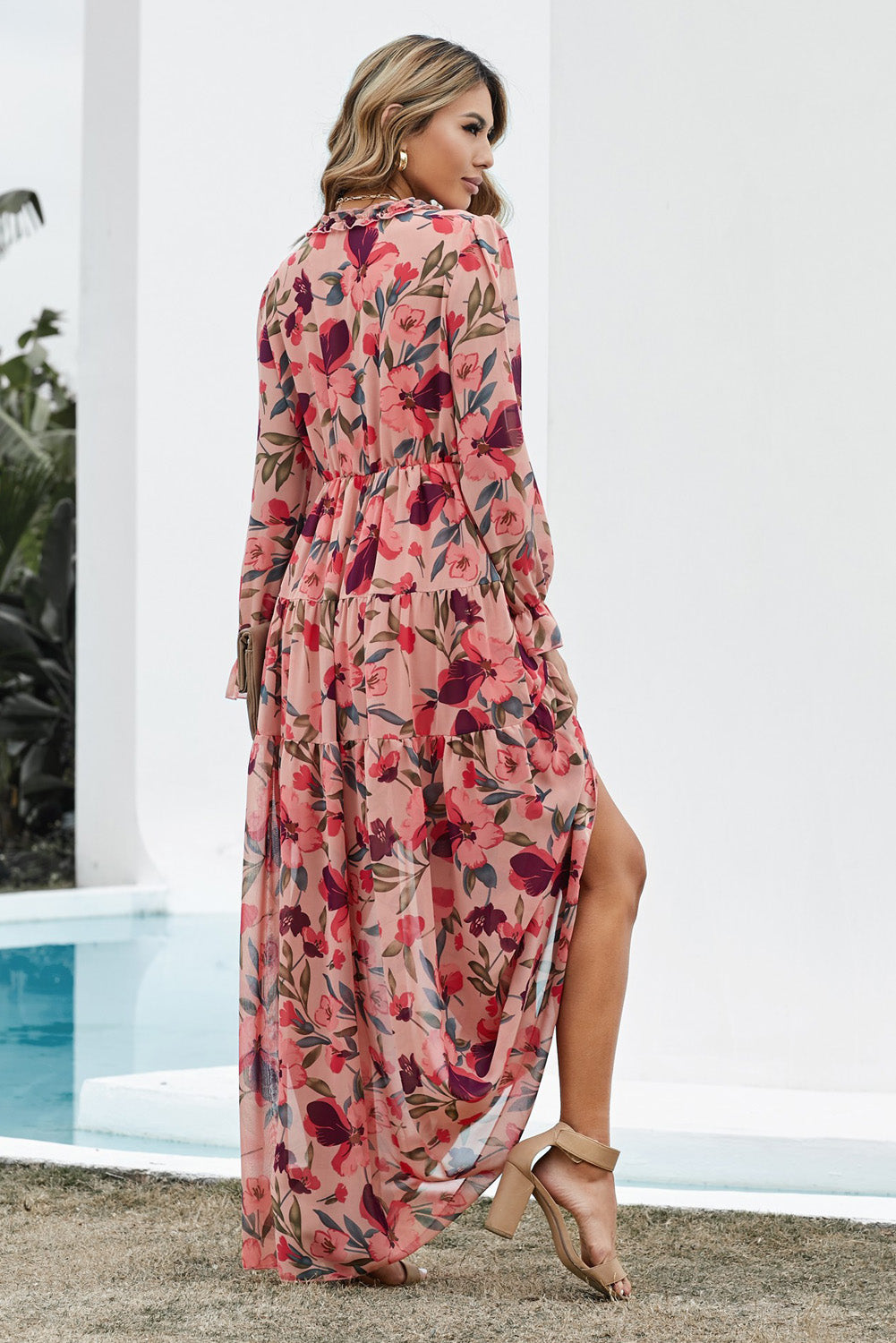 Retro Floral Long Sleeve Ruffle Tiered Flowing V-neck Maxi Dress