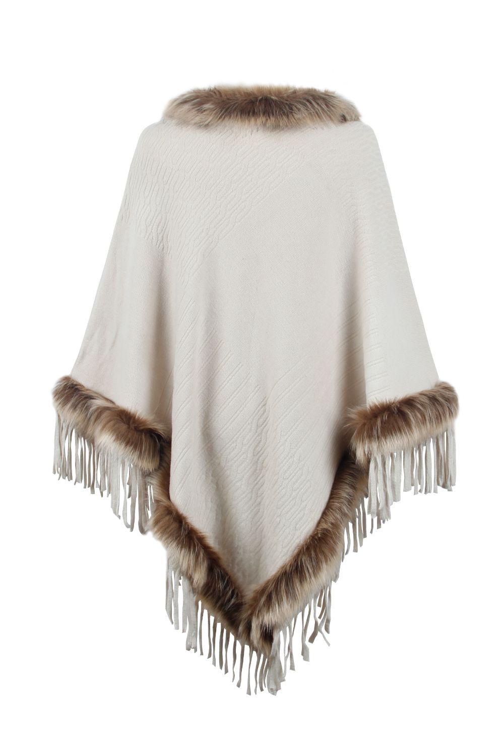 Faux Fur Retro Fringe Hem Textured Knit Pullover Poncho