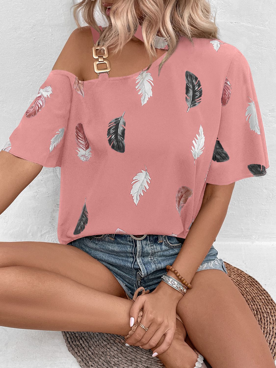 Feather Asymmetrical Cutout Top Gold Chain Shoulder Short Sleeve Blouse