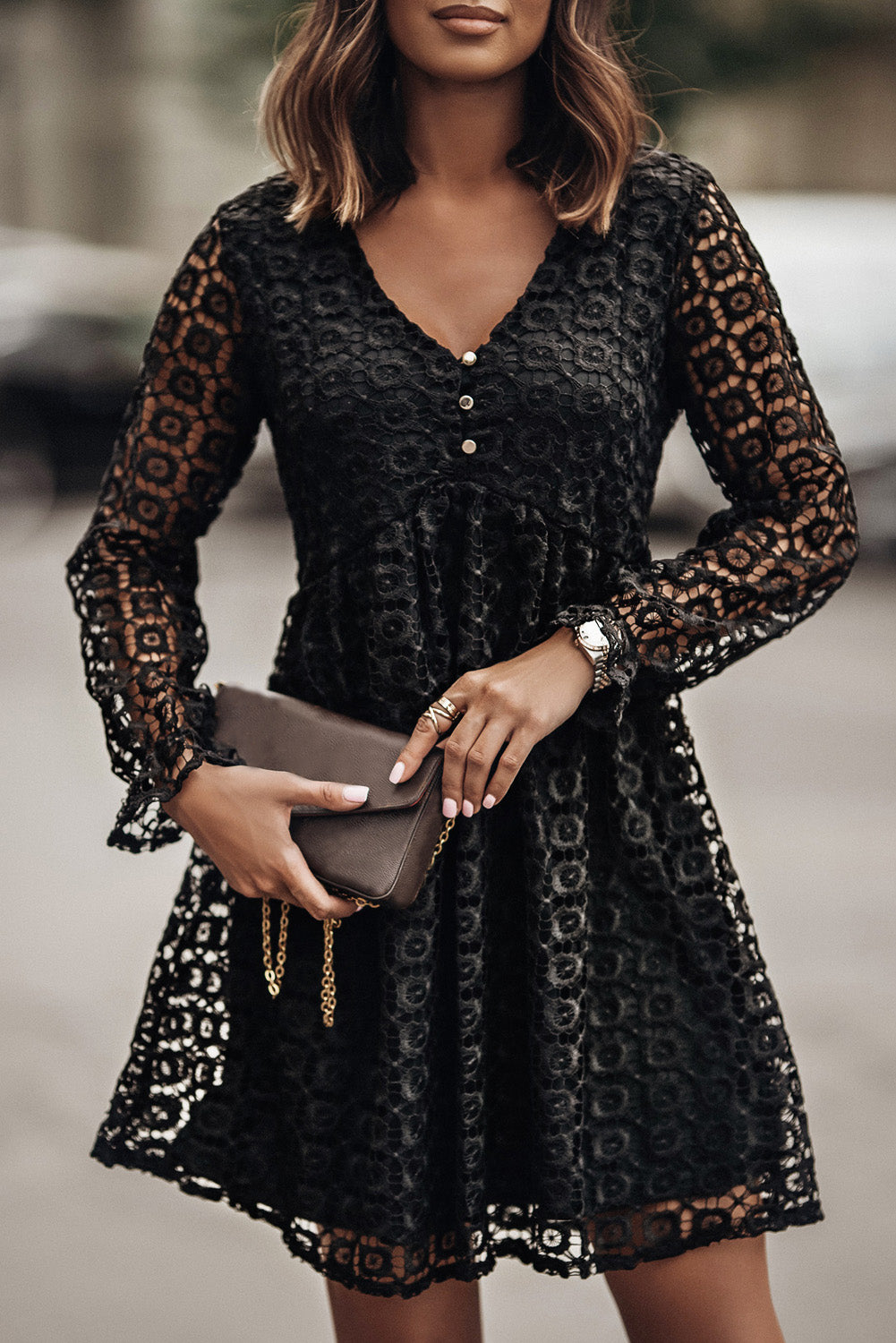 Full Lace Long Sleeve Empire Waist V-neck Babydoll Mini Dress - Black / S Full Lace Long Sleeve Empire Waist V-neck Babydoll Mini Dress - Black / S