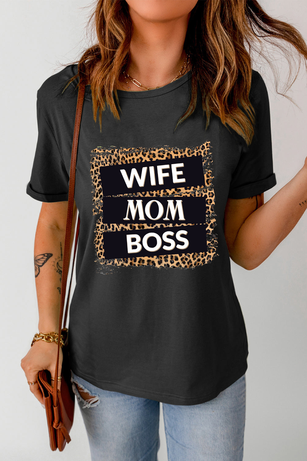Leopard Print WIFE MOM BOSS Graphic Tee Shirt (Plus Size Avaailable)
