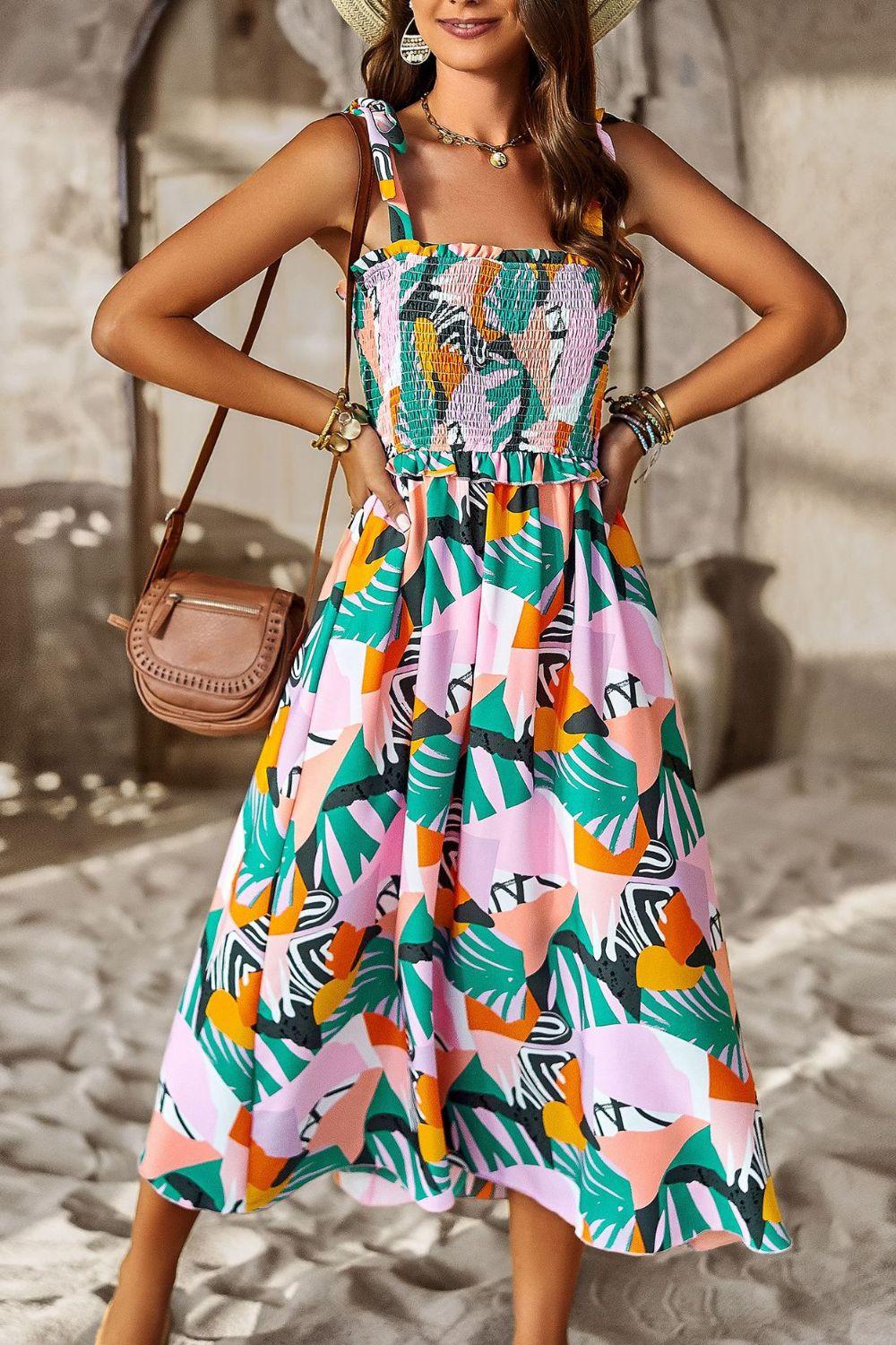 Colorful Bright Print Smocked Bodice Tie Shoulder Summer Midi Dress (5 colors Available)