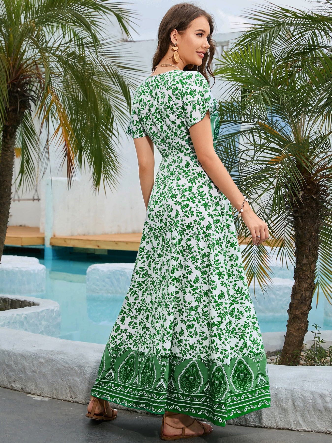 Bohemian Floral Abstract Print Surplice V-Neck High Slit Bow Waist Maxi Dress
