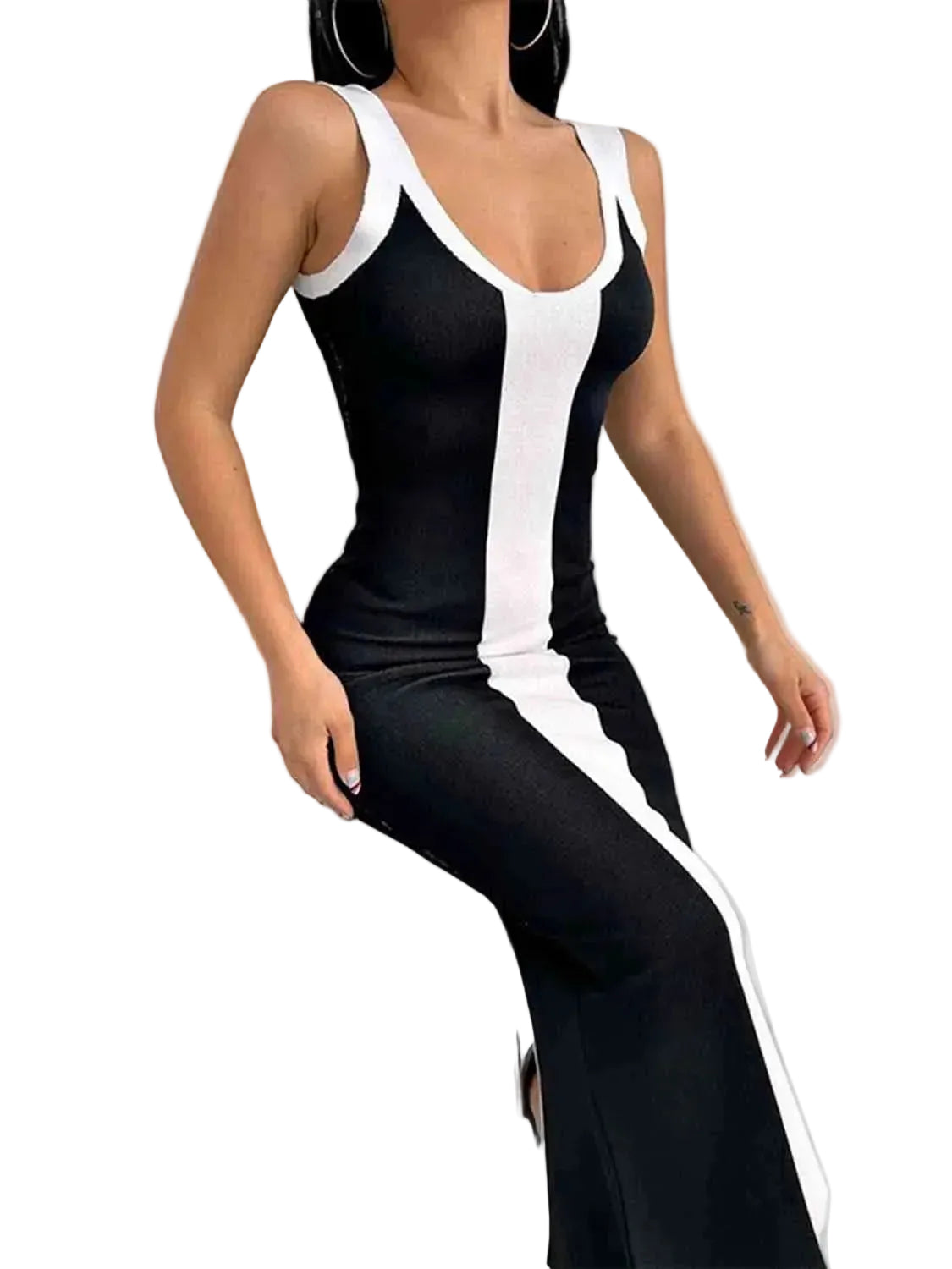 Contrast Colorblock Scoop Neck Fitted Sleeveless Bodycon Back Slit Midi Dress