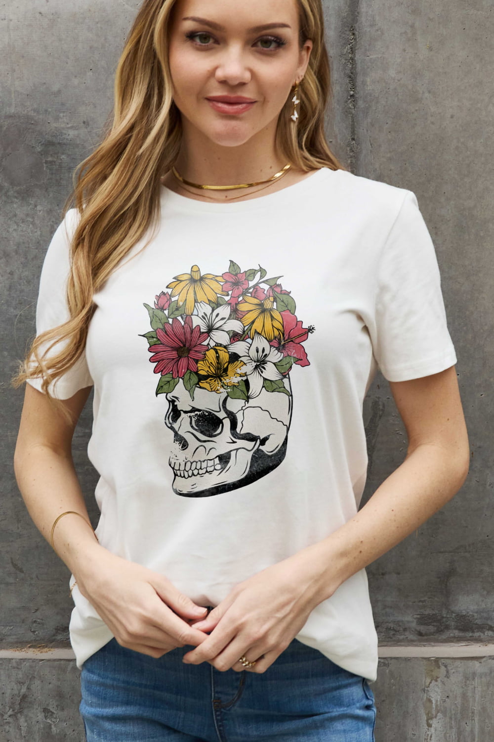 Bright Floral Skull Head Graphic Short-sleeve Tee Shirt 100% Premium Cotton