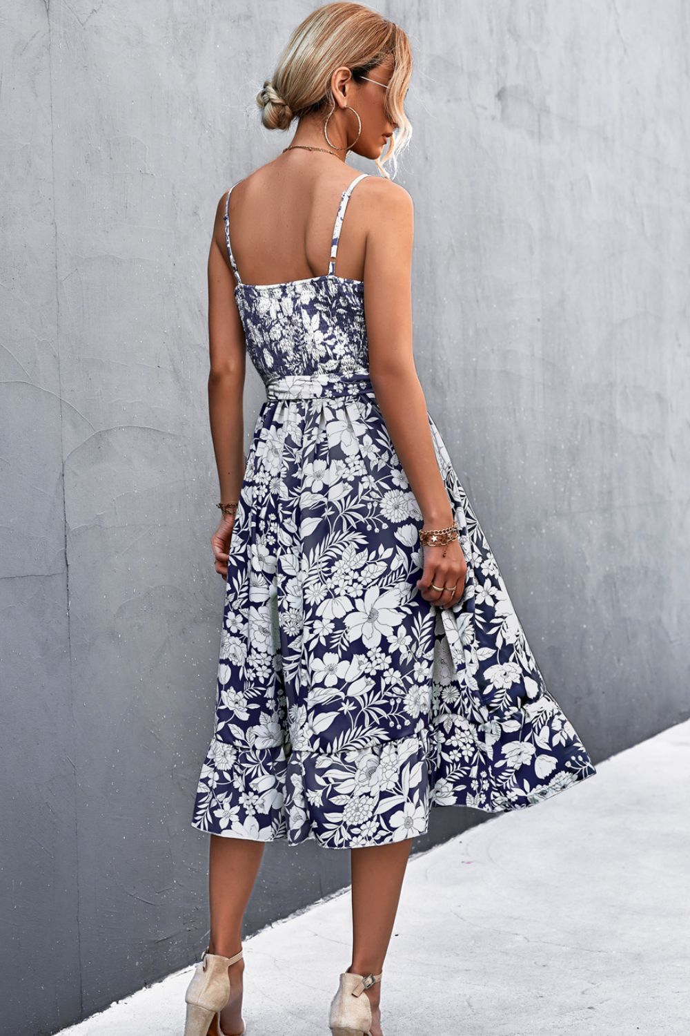 Chic Floral Ruffle Tie Belt Midi Summer Dress