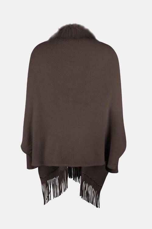 Plush Faux Fur Retro Fringe Hem Open Front Knit Poncho Knit Cardigan