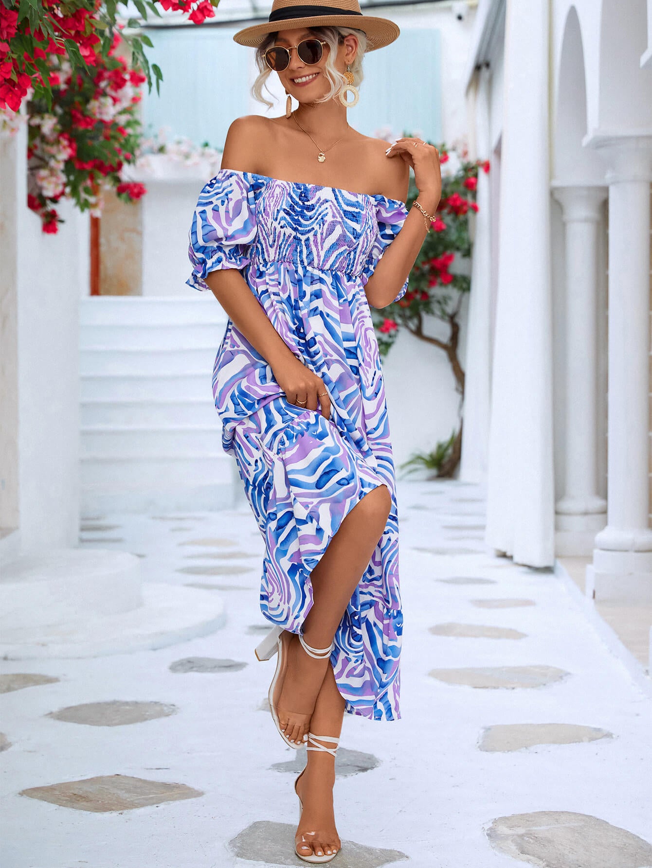 Off The Shoulder Smocked Bodice Flowing Midi Summer Dress