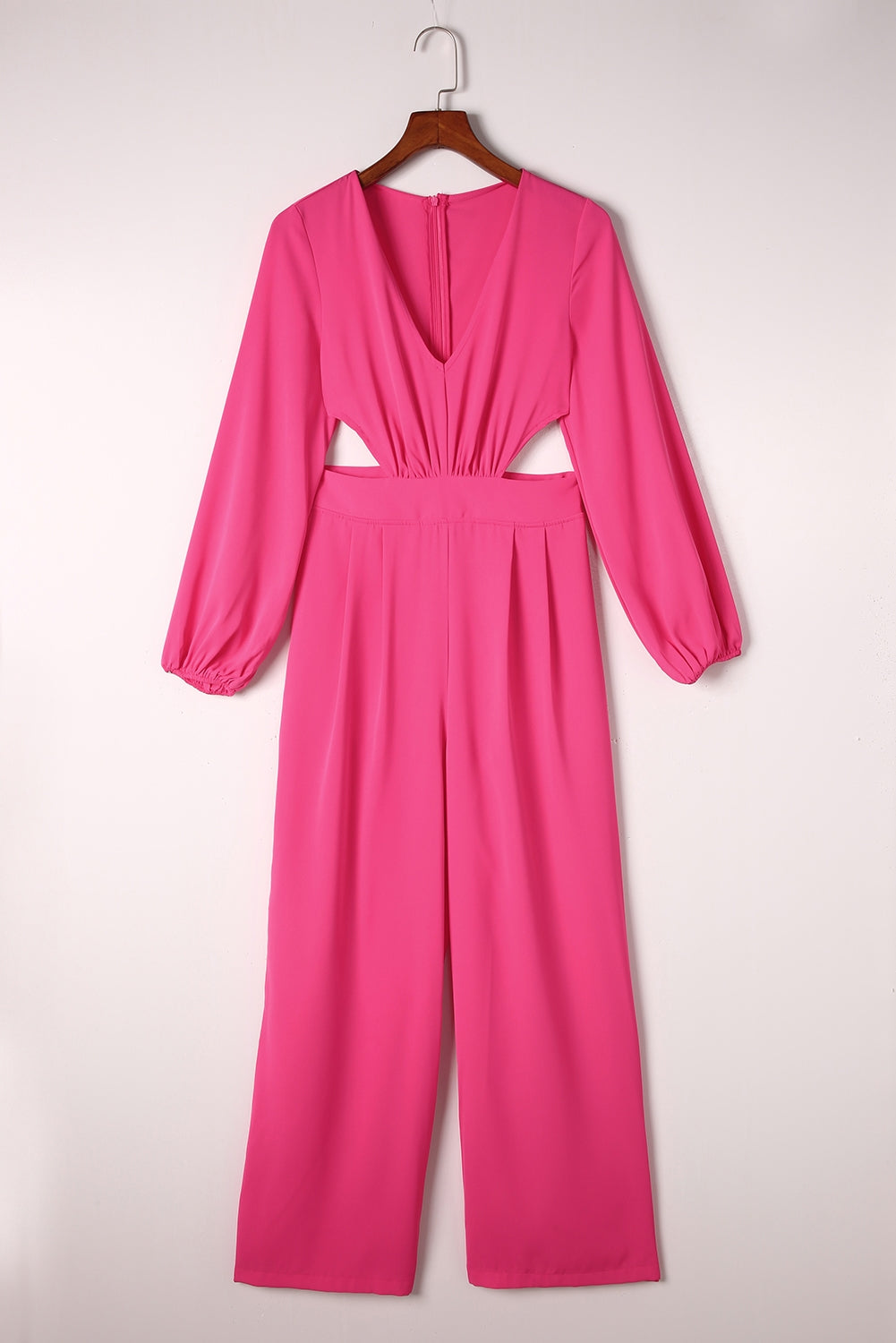 Cutout Side Plunge V-neck Long Sleeve Pant One-piece Neon Hot Pink Jumpsuit