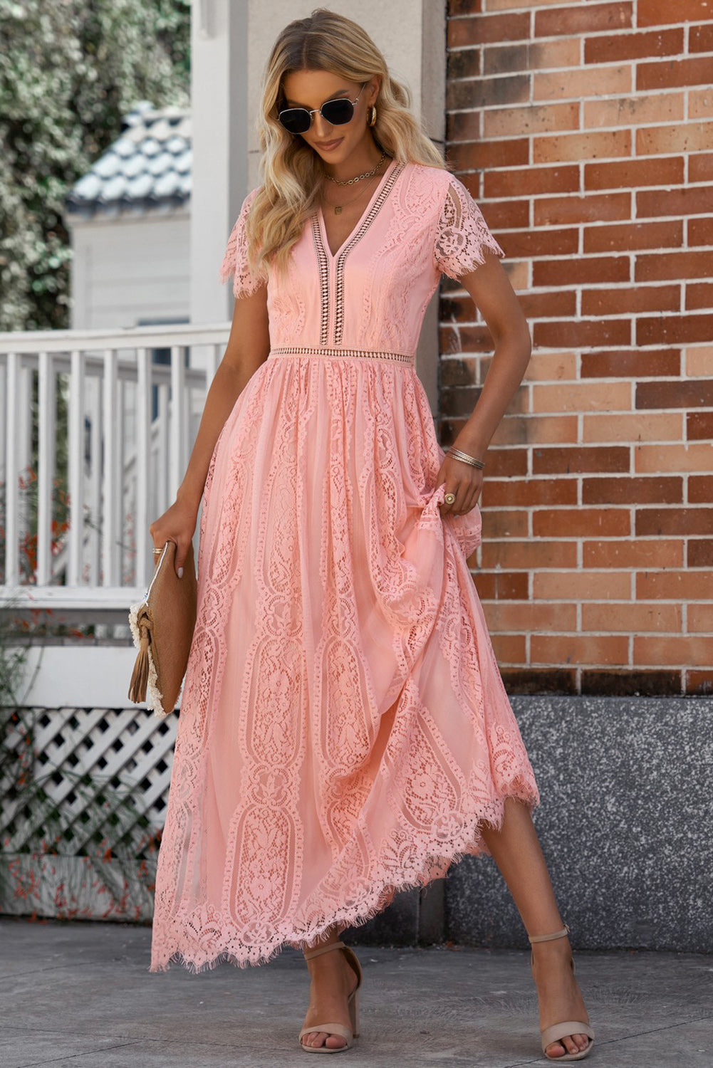 Elegant LACE V-Neck Short-sleeve Maxi Dress (Plus Size Available)