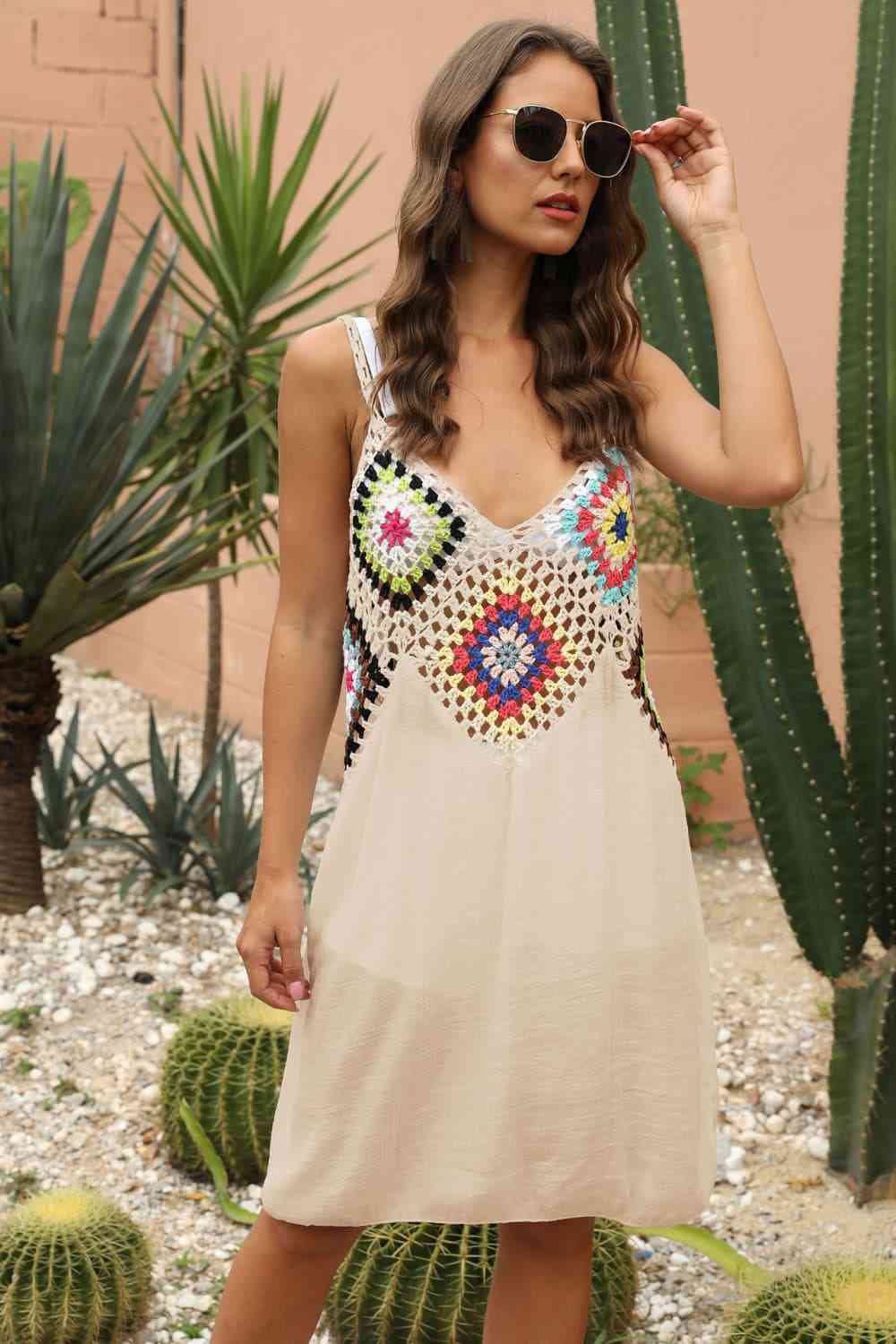 Granny Square Crochet Openwork Retro Swimwear Cover-Up Sleeveless Mini Dress