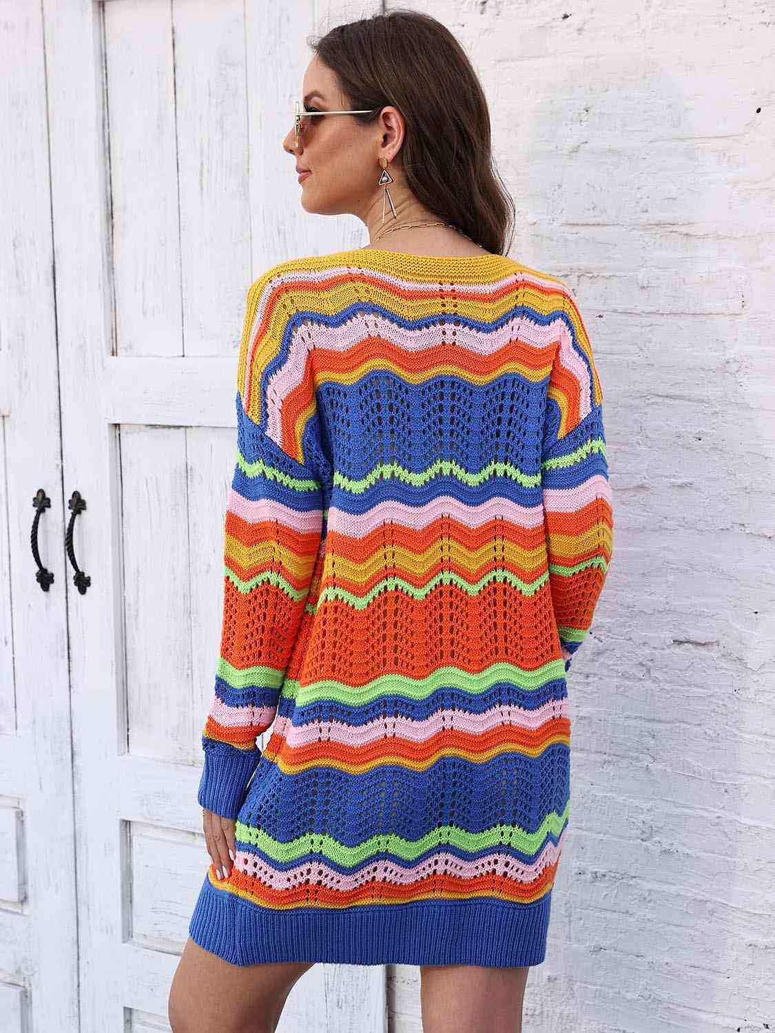 Retro 70s Revival Openwork Knit Long Sleeve Mini Sweater Dress Zigzag Stripe