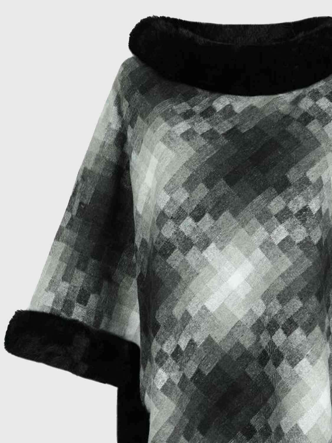 Faux Plush Fur Checker Ombre Glitch Oversized Pullover Sweater Jacket Poncho