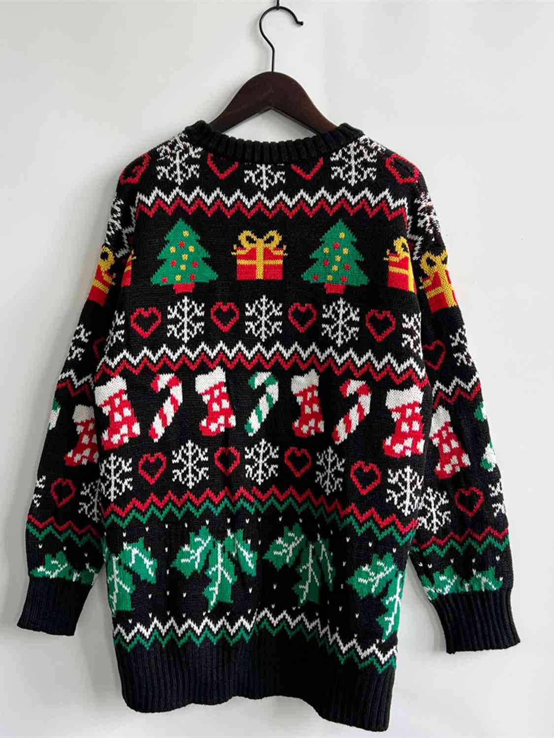 Festive Knit Santa Candy Canes Trees Round Neck Holiday Sweater Top