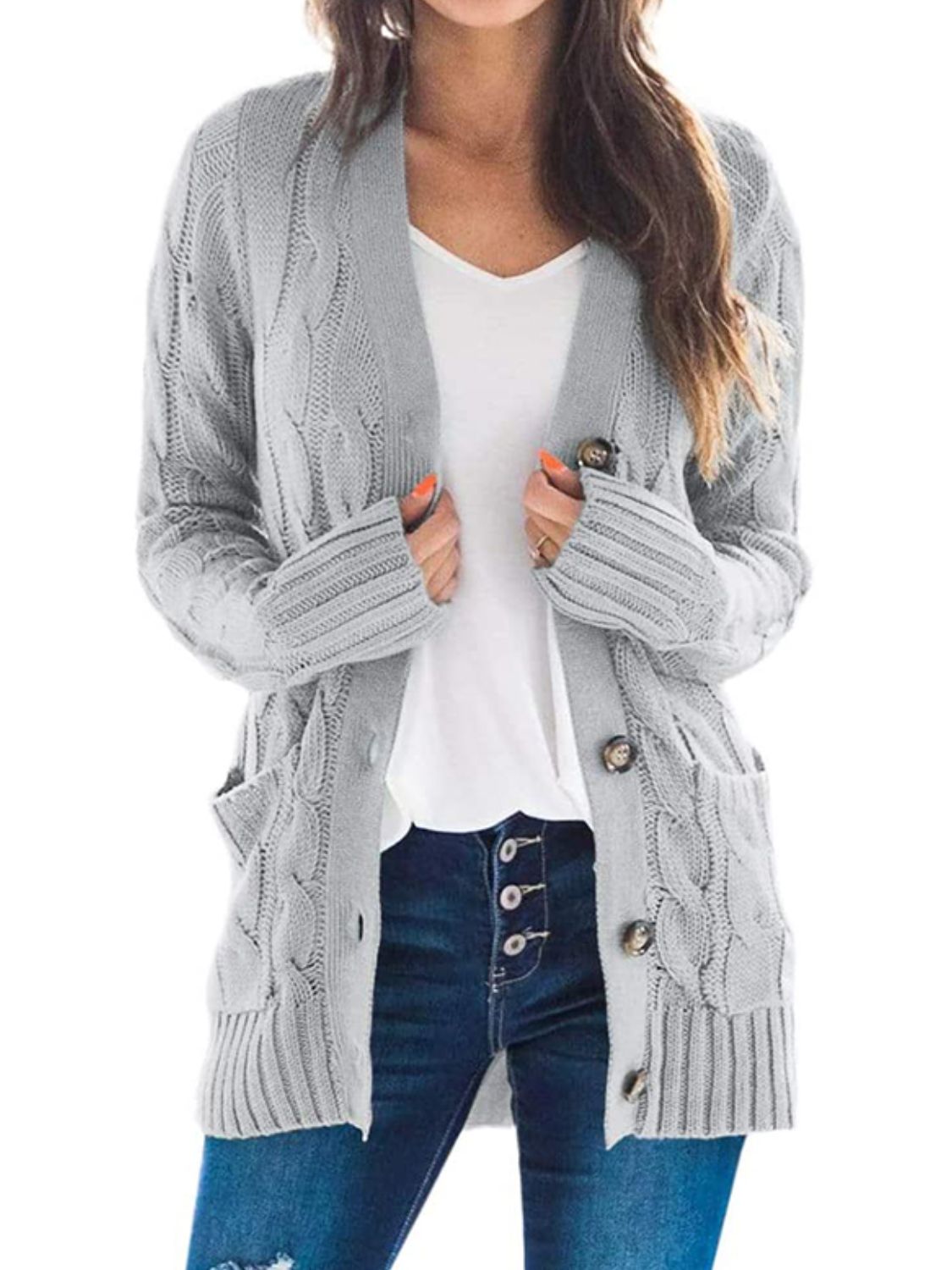 Classic Cable-Knit Buttoned Oversized Cardigan Patch Pockets