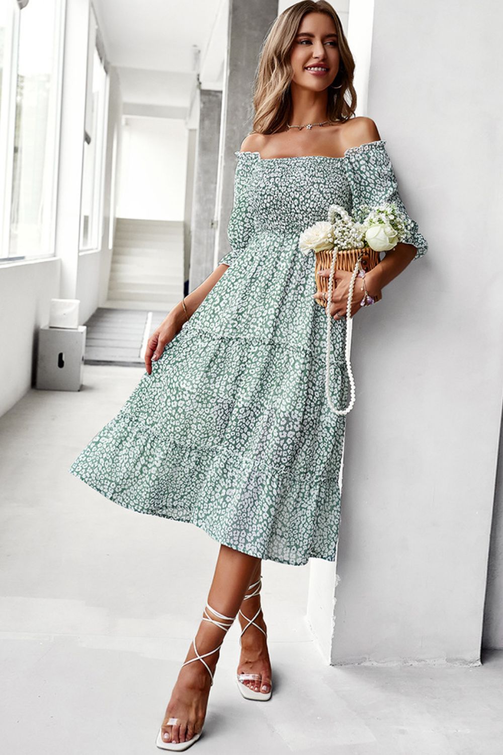 Pastel Ditsy Floral Midi Off-Shoulder Smocked Dress