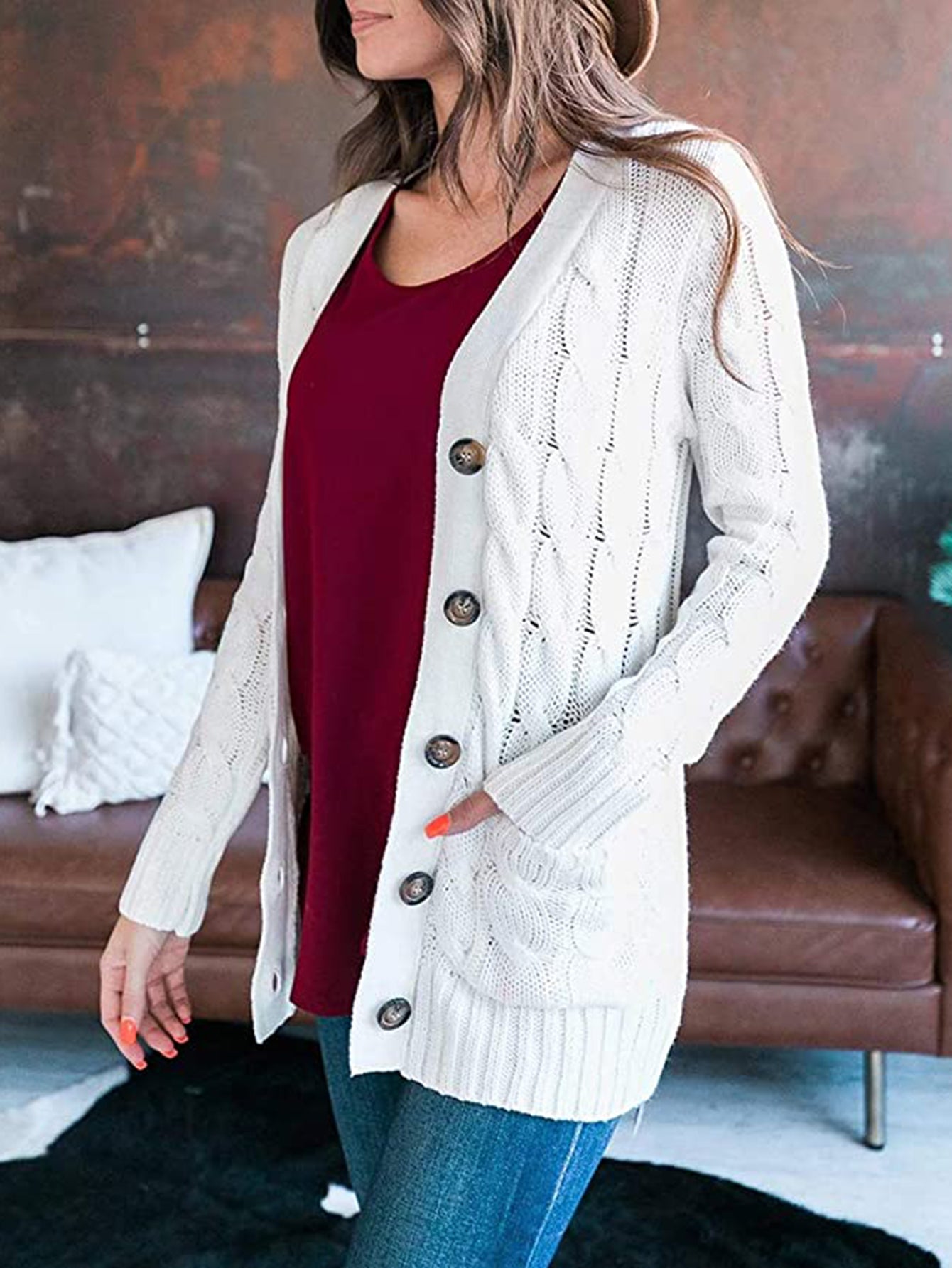 Classic Cable-Knit Buttoned Oversized Cardigan Patch Pockets