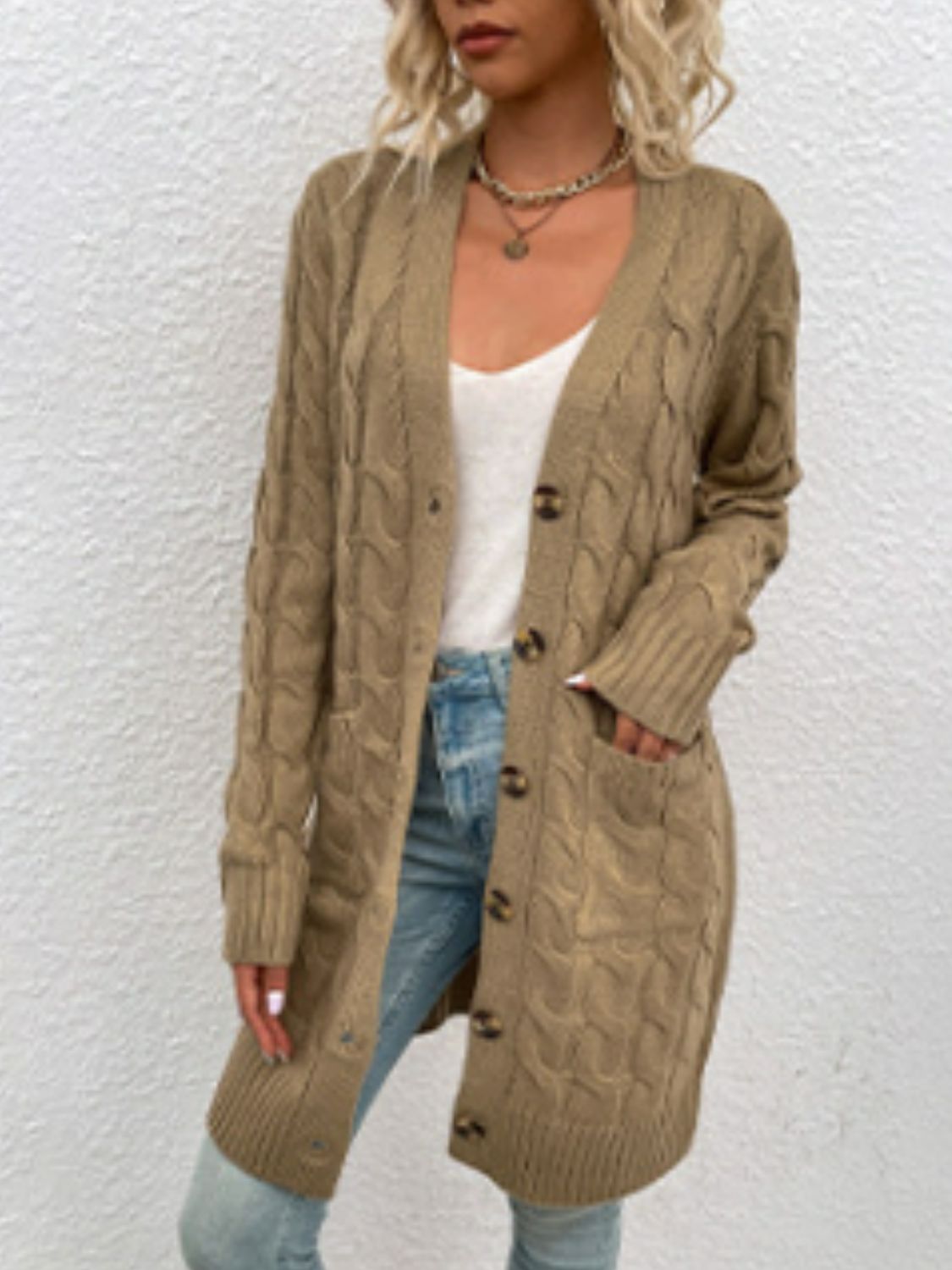 Chunky Cable-Knit Classic Button Front Long Cardigan with Pockets