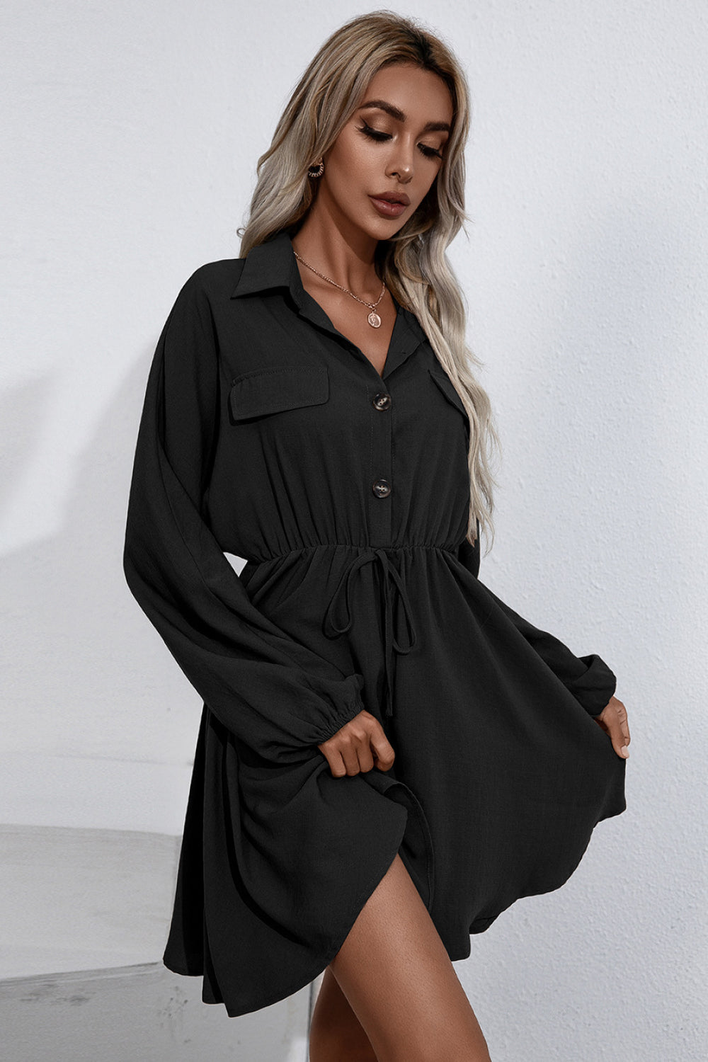 Oversized Button Front Collared Long Sleeve Shirt Dress
(4 Colors Available)