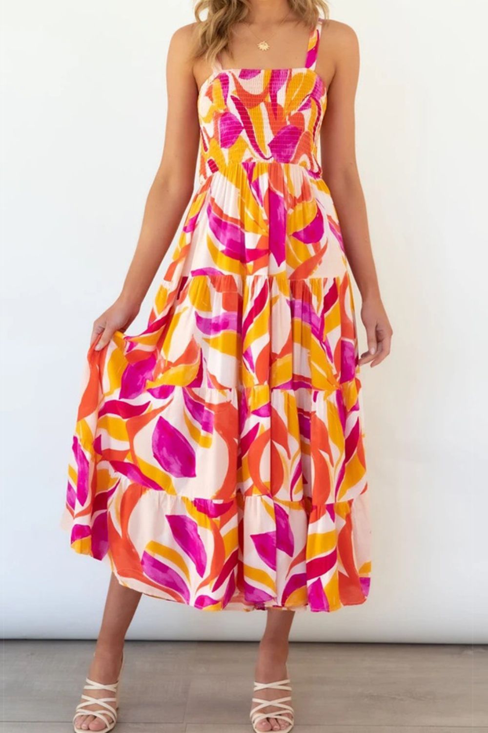 Bright Vibrant Abstract Sleeveless Smocked Bodice Summer Maxi Dress