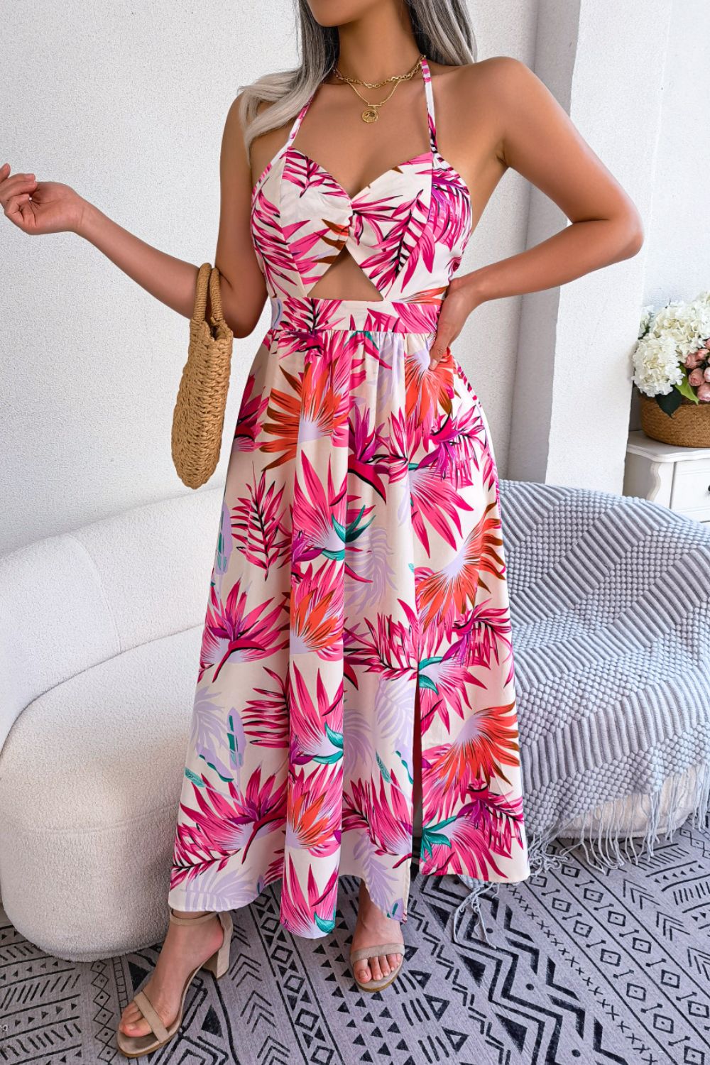 Wholesale MOQ6 Botanical Print Tied Backless Cutout Slit Dress Wholesale MOQ6 Botanical Print Tied Backless Cutout Slit Dress