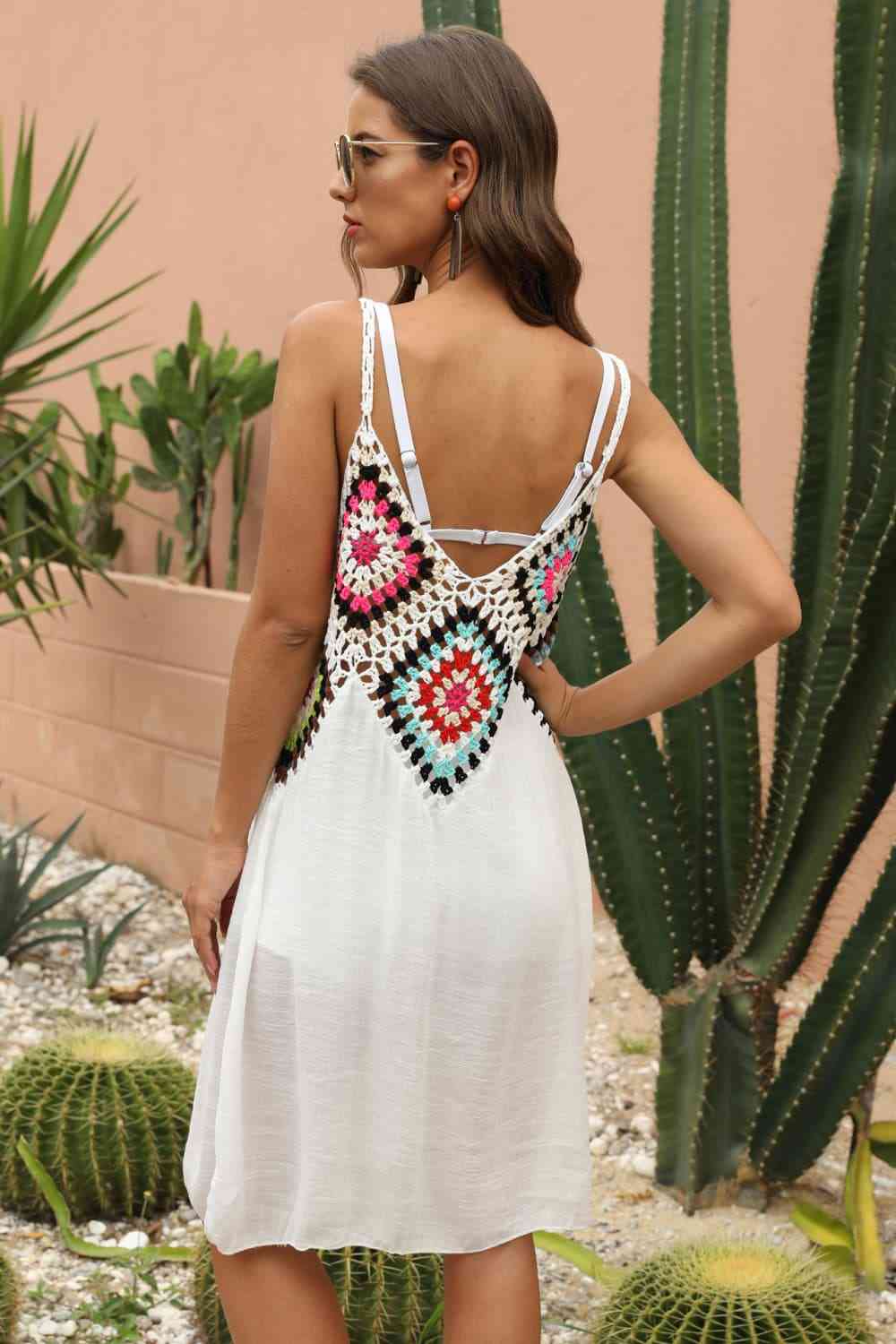 Granny Square Crochet Openwork Retro Swimwear Cover-Up Sleeveless Mini Dress