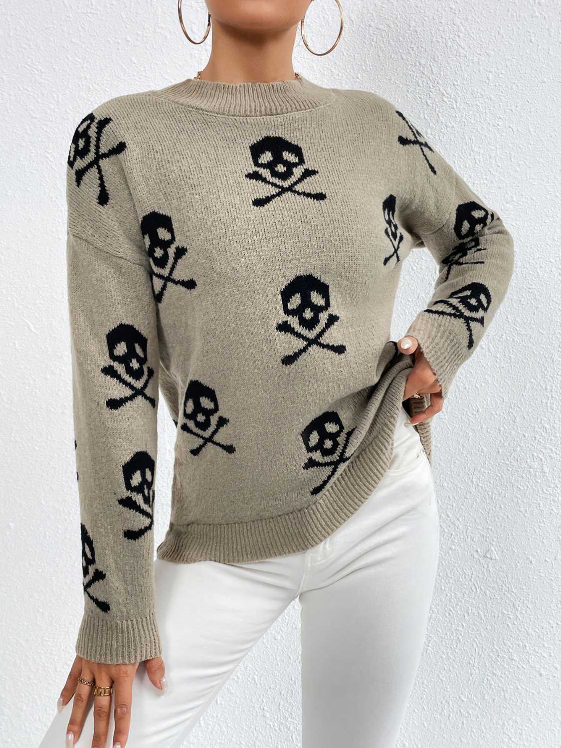 Unique Print Knit Pullover Celestial Mushroom Skull Yin Yang Sweater Shirt