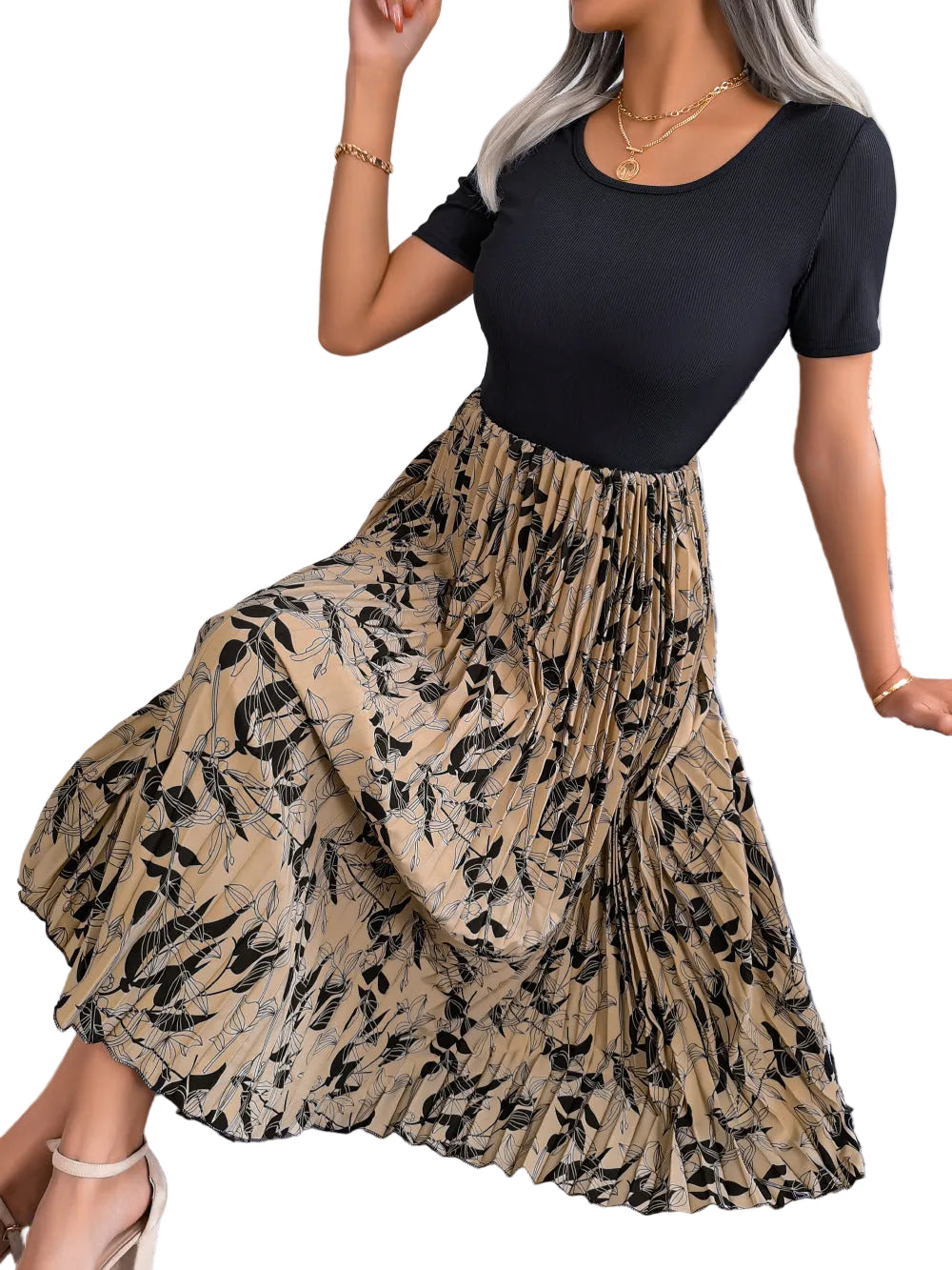 Floral Accordion Pleated Midi Dress Round Neck Short Sleeve Flowing Colorblock A-Line