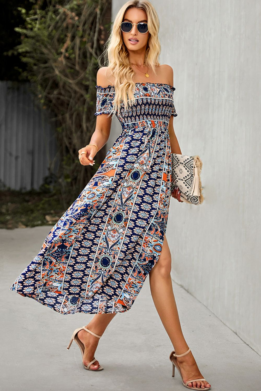 Bohemian Retro 70s Floral Smock Chest Off-Shoulder Midi Summer Dress