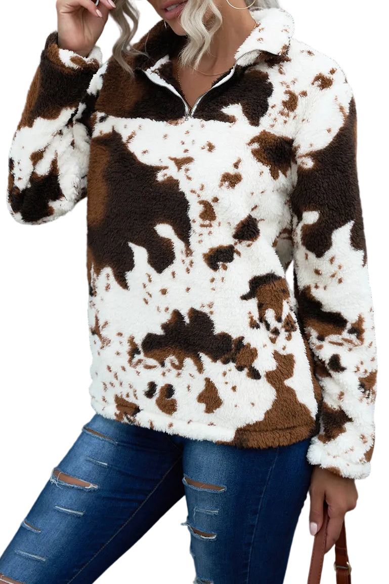Fuzzy Cow Sherpa Quarter-Zip Teddy Pullover Cowgirl Sweatshirt Western Top