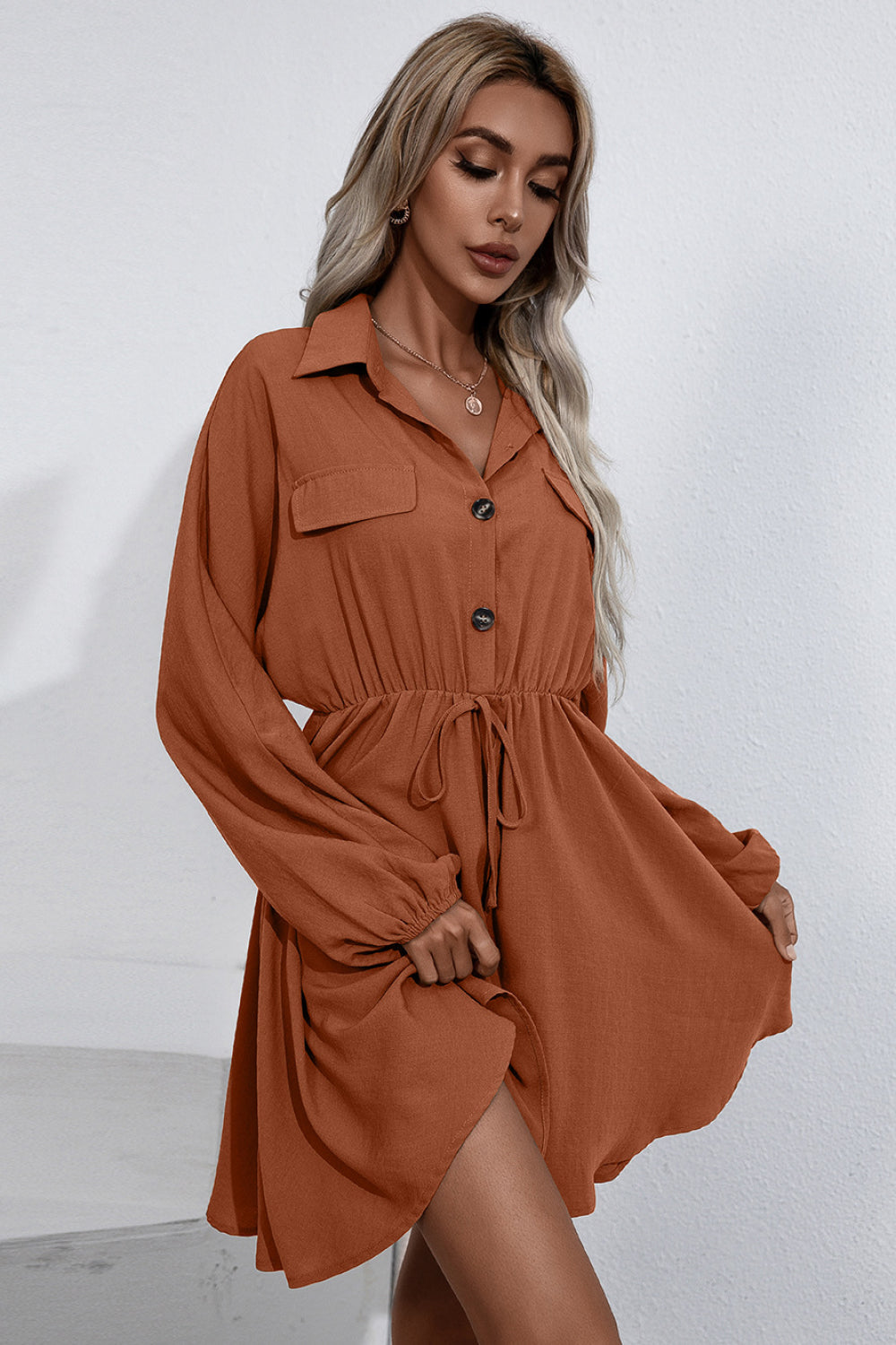 Oversized Button Front Collared Long Sleeve Shirt Dress
(4 Colors Available)