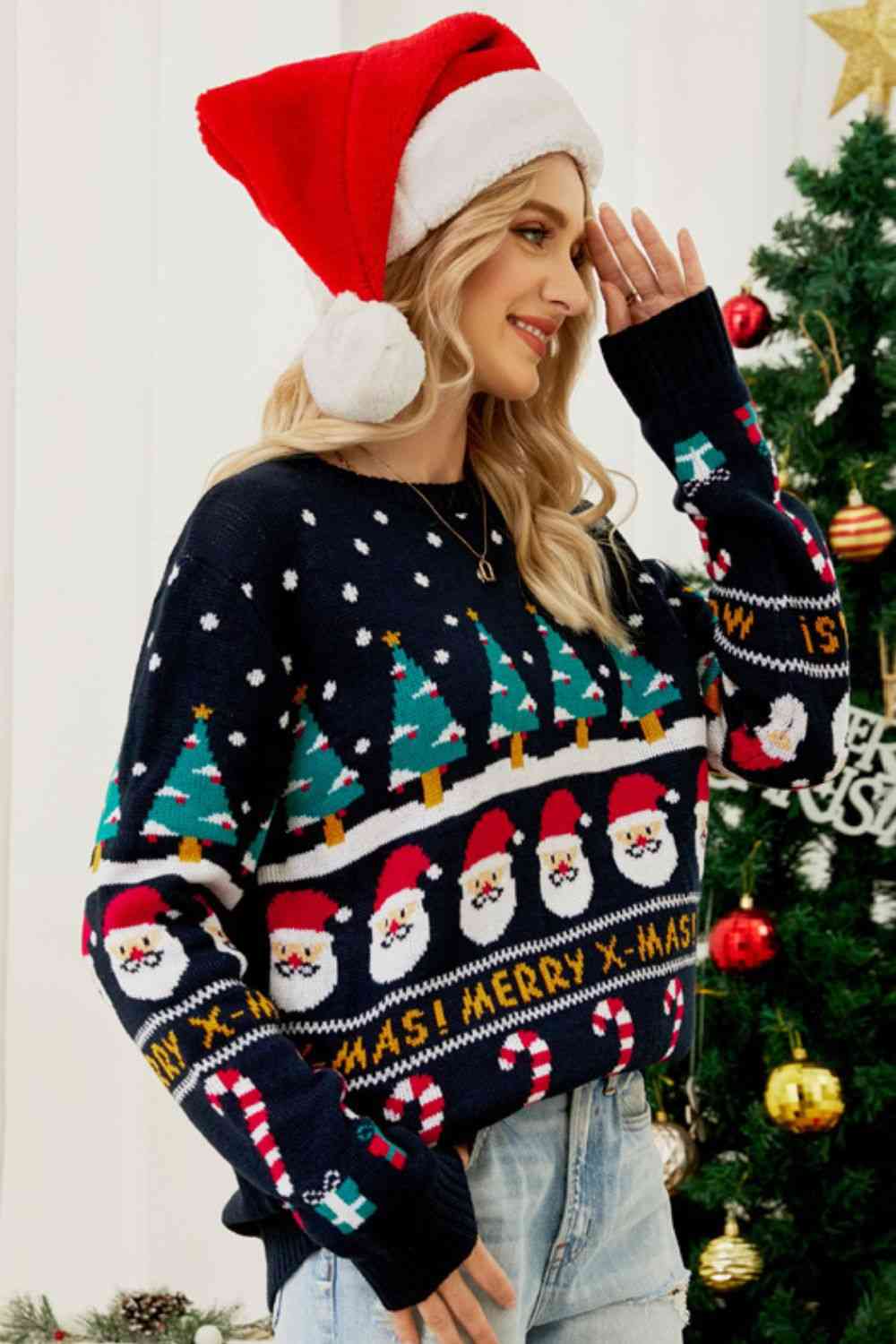 Merry Xmas Knit Festive Santa Candy Canes Trees Round Neck Holiday Sweater