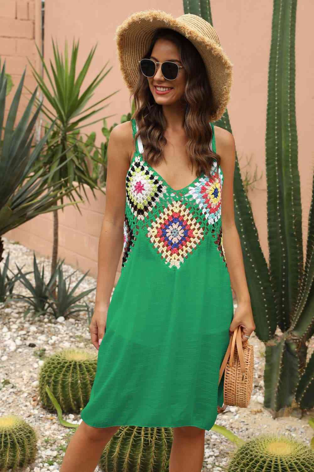 Granny Square Crochet Openwork Retro Swimwear Cover-Up Sleeveless Mini Dress