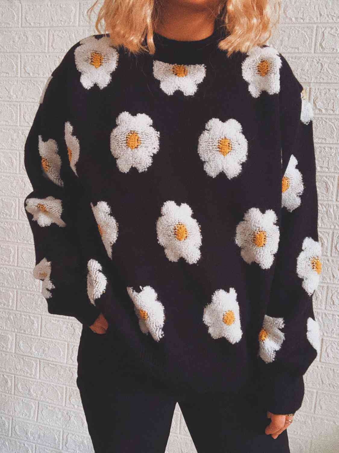 Contrasting Raised Retro Daisy Flower Pullover Long Sleeve Knit Sweater Shirt