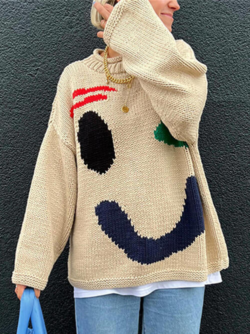 Knit Smiley Face Color Contrast Abstract Long Sleeve Oversized Pullover Sweater Top