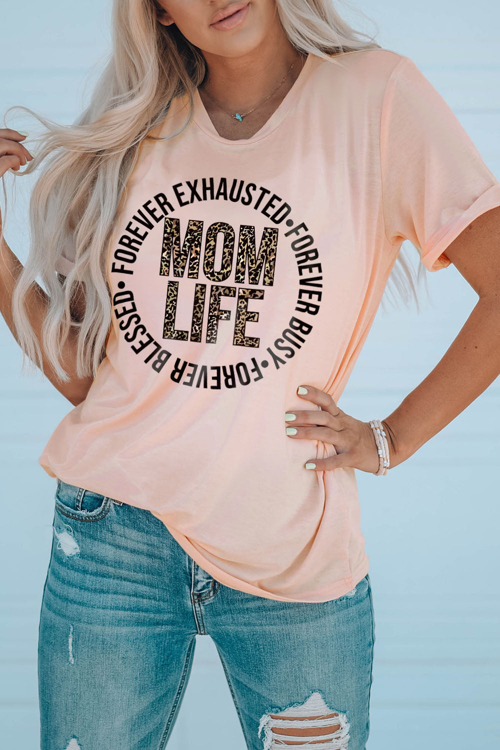 MOM LIFE Exhausted Busy Blessed Leopard Graphic Tee
