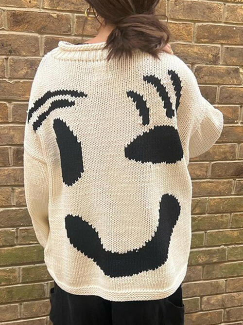 Knit Smiley Face Color Contrast Abstract Long Sleeve Oversized Pullover Sweater Top