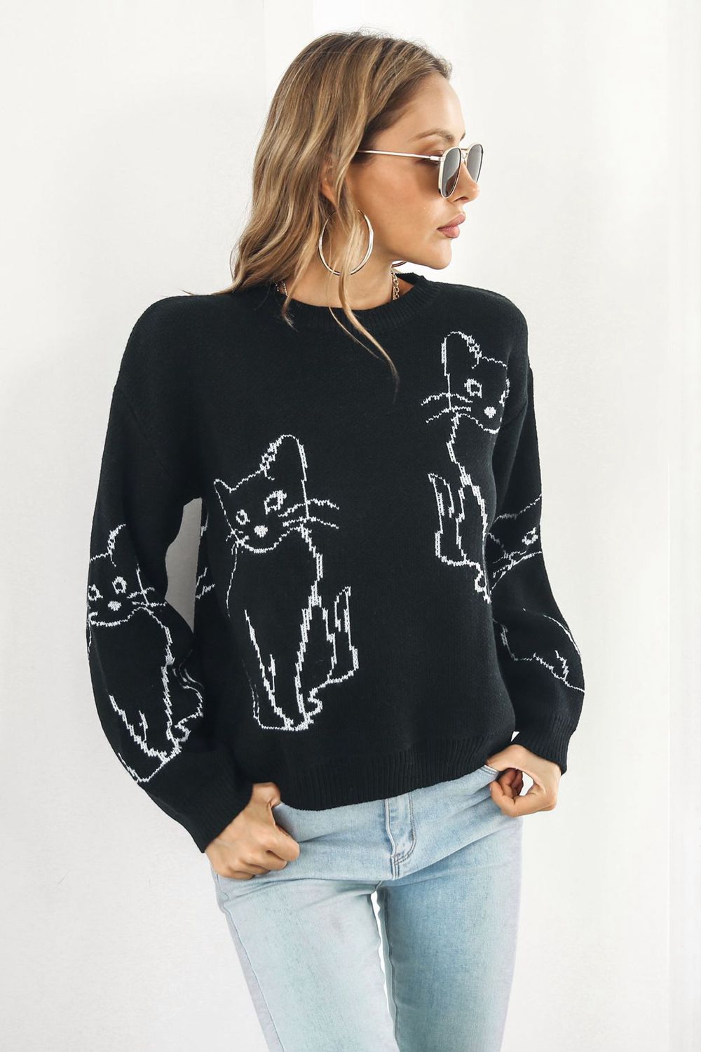 Kitty Cat Knit Round Neck Long Sleeve Pullover Sweater