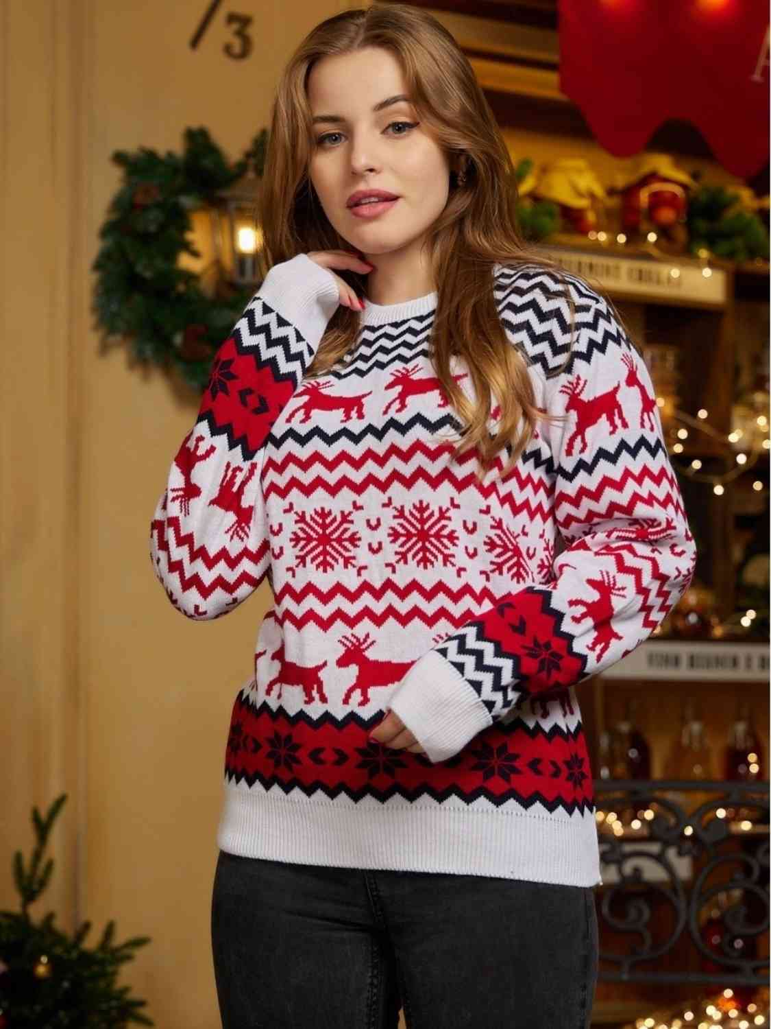 Fair Isle Snowflake Reindeer Knit Round Neck Classic Holiday Minimalist Sweater
