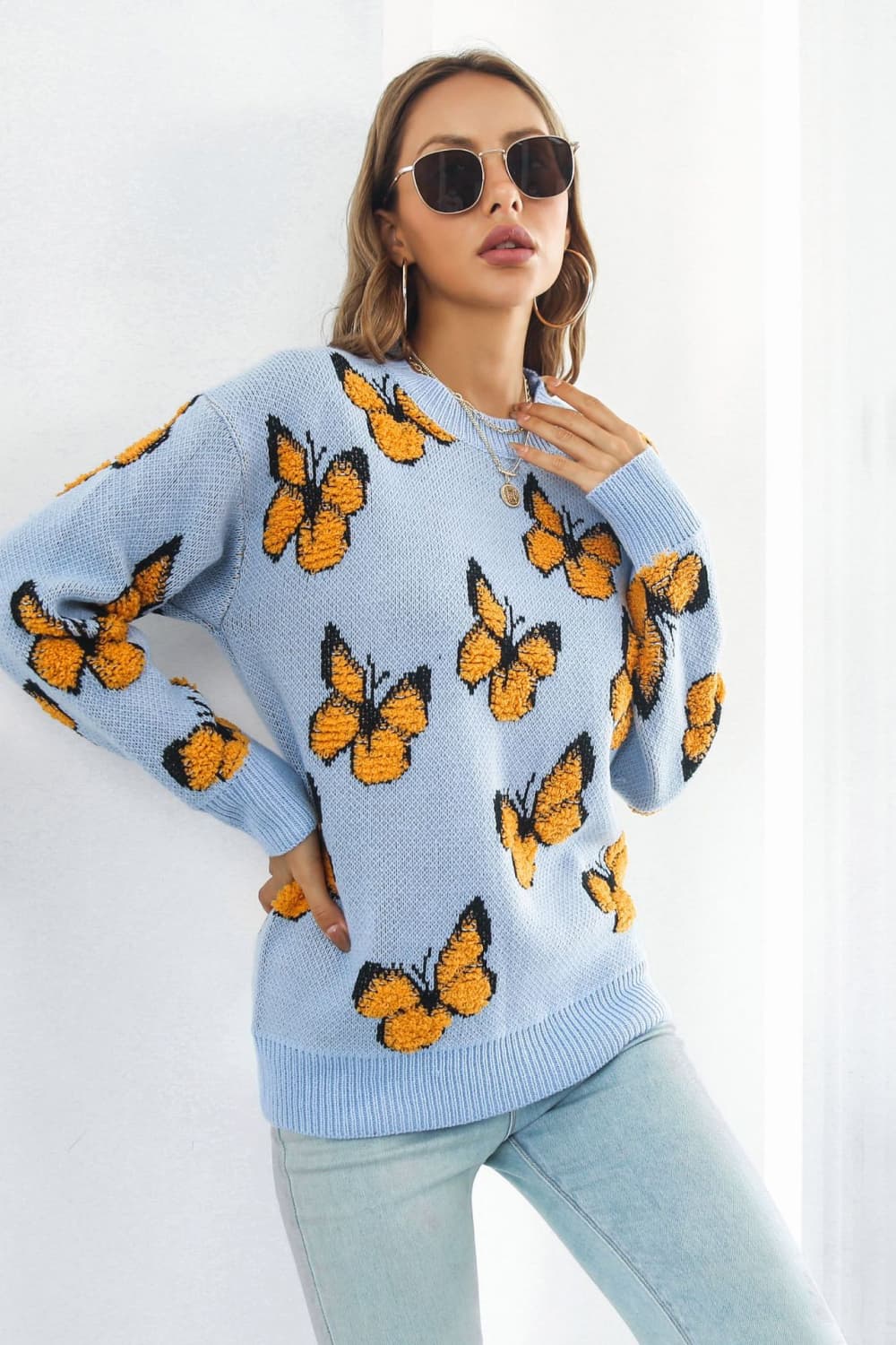 Fuzzy Monarch Butterfly Raised Shag Bold Colors Knit Pullover Sweater Shirt