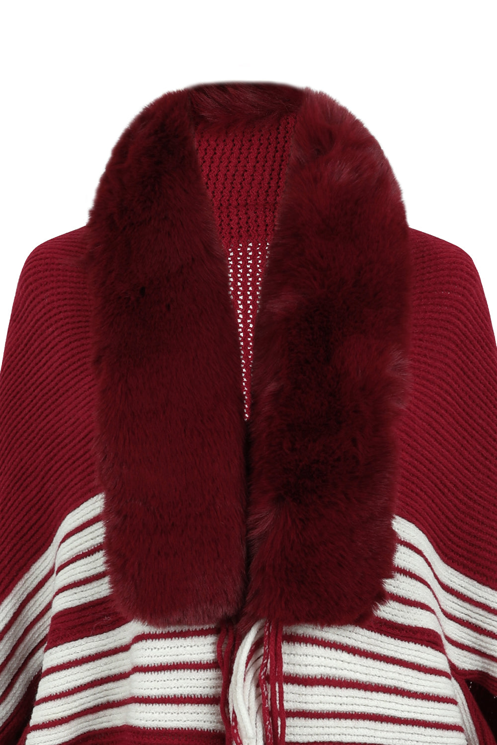 Faux Fur Fringe Hem Oversized Knit Stripe Cardigan Poncho
