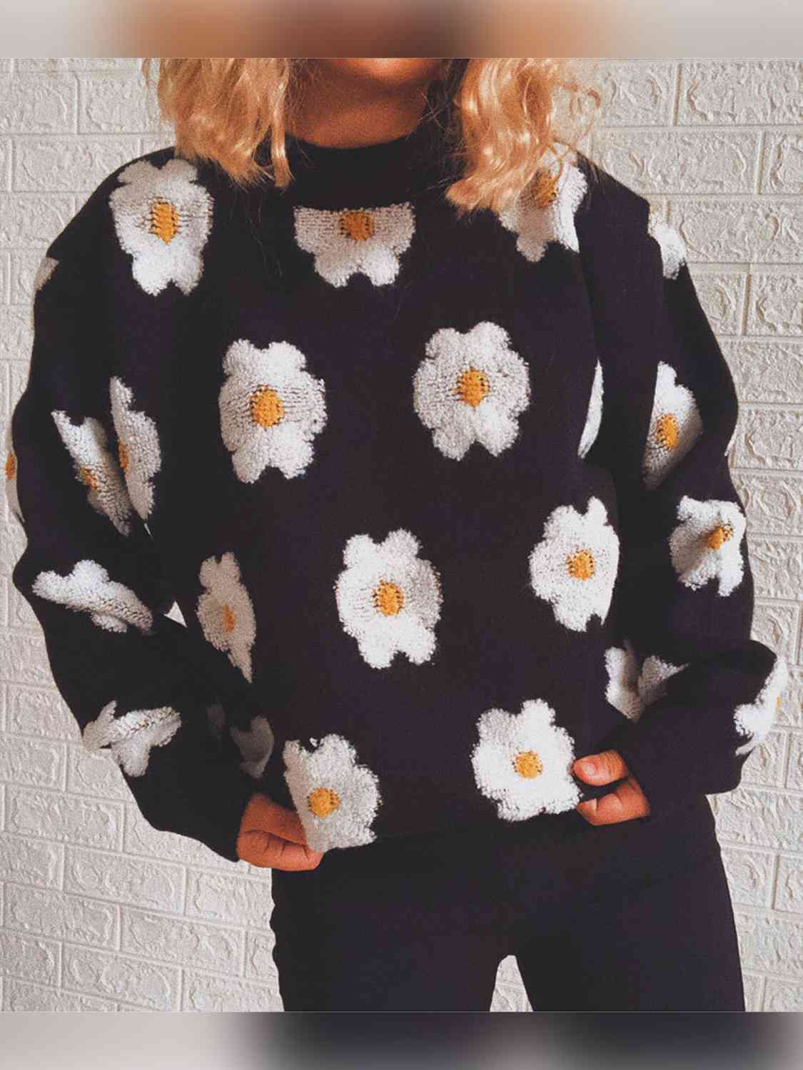 Contrasting Raised Retro Daisy Flower Pullover Long Sleeve Knit Sweater Shirt