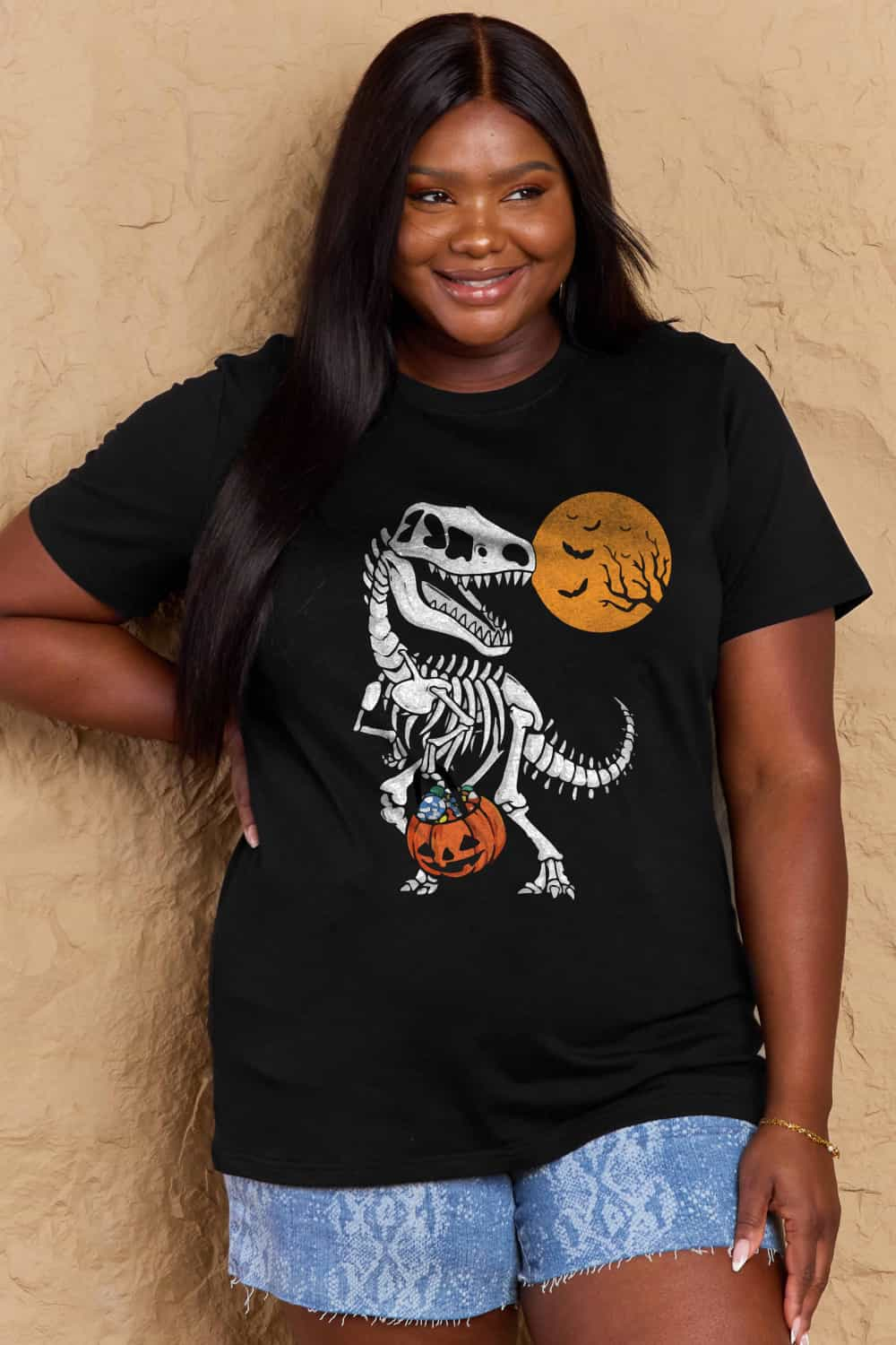 T-Rex Skeleton Trick or Treating Dinosaur Funny Graphic Tee Shirt Halloween Top