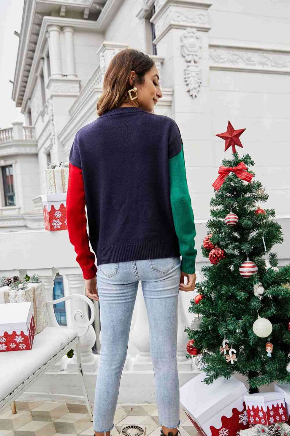 Bold Colorblock Knit Fun Pom Pom Long Sleeve Christmas Holiday Sweater Top